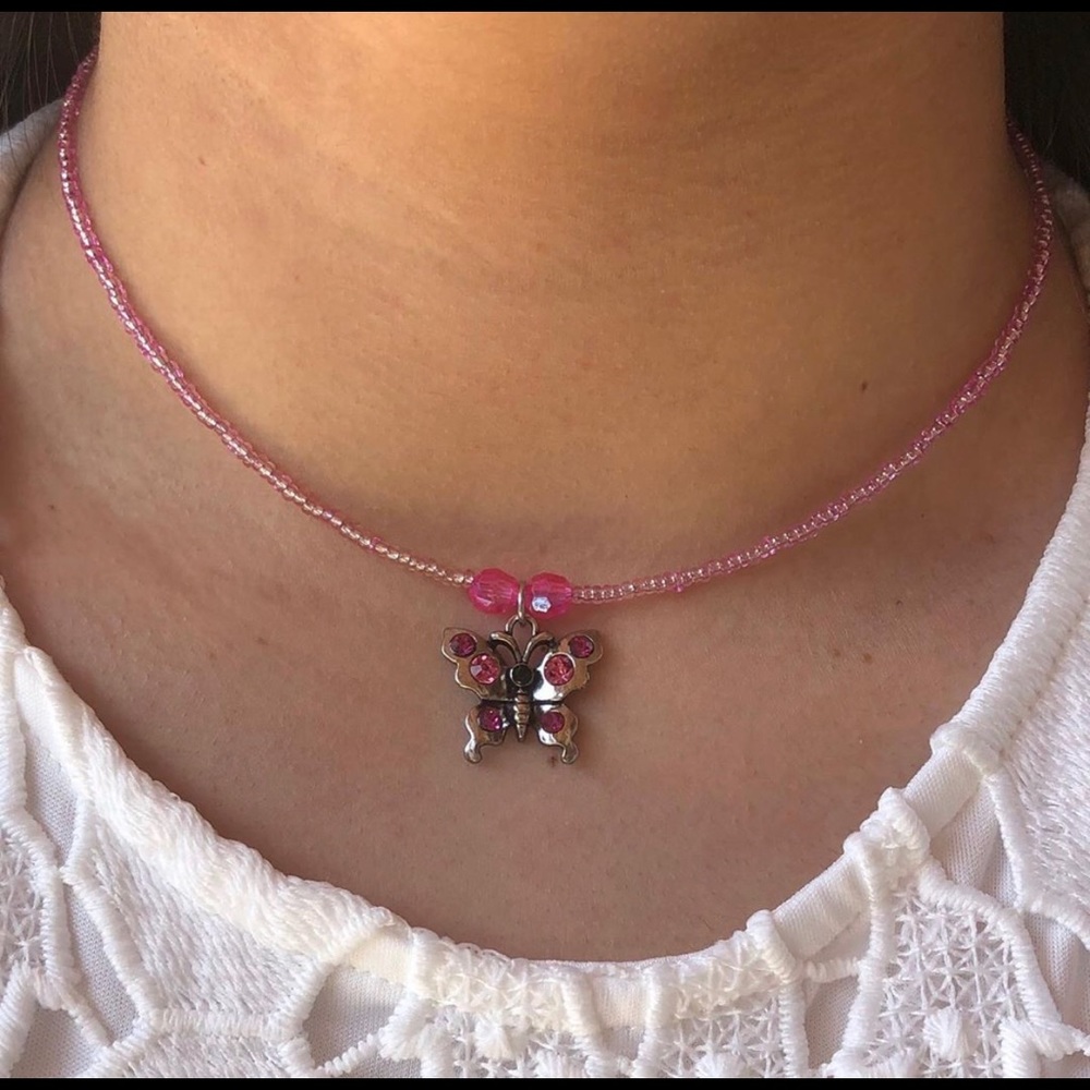 Handmade Pink Seed Bead w/Butterfly Charm Necklace
